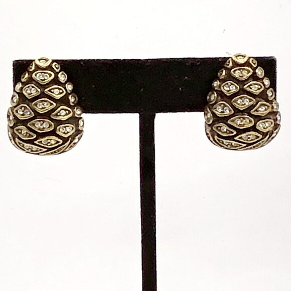 Vintage Heidi Daus Pine Cone Clip-On Earrings — Black Enamel & Crystal Accents